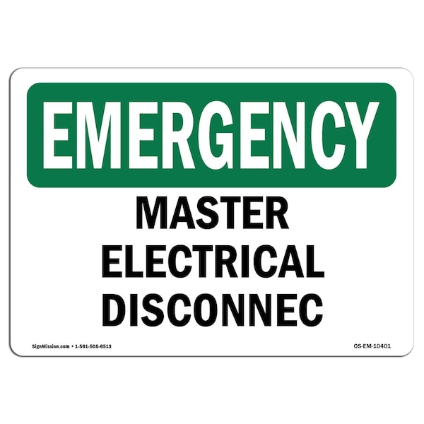 Safety Sign, OSHA EMERGENCY, 7" Height, Aluminum, Master Electrical Disconnect, Landscape